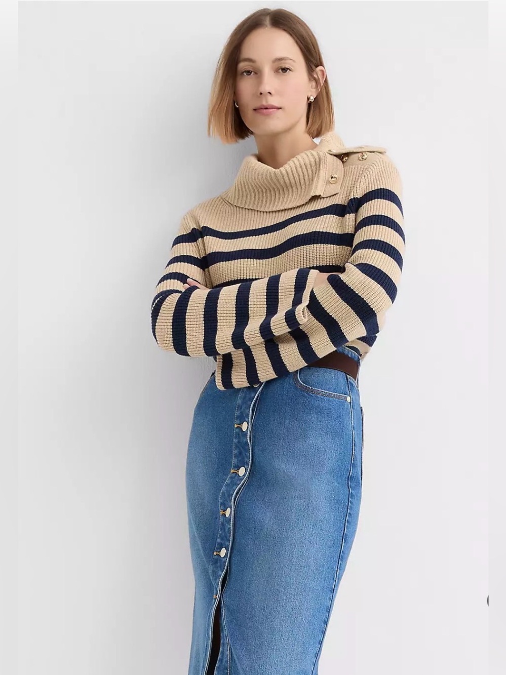 Loft Women’s Stripe Button Neck Flare Sleeve Sweater Women’s Size XS New - Picture 2 of 7